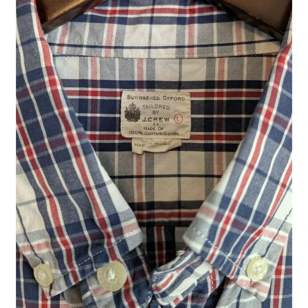 J. Crew Mens Large Red Plaid Sunwashed Oxford Shirt Button Down Cotton OCBD Ivy
